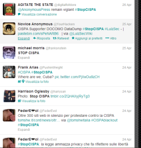 Alcuni tweet con l'hashtag #stopCISPA
